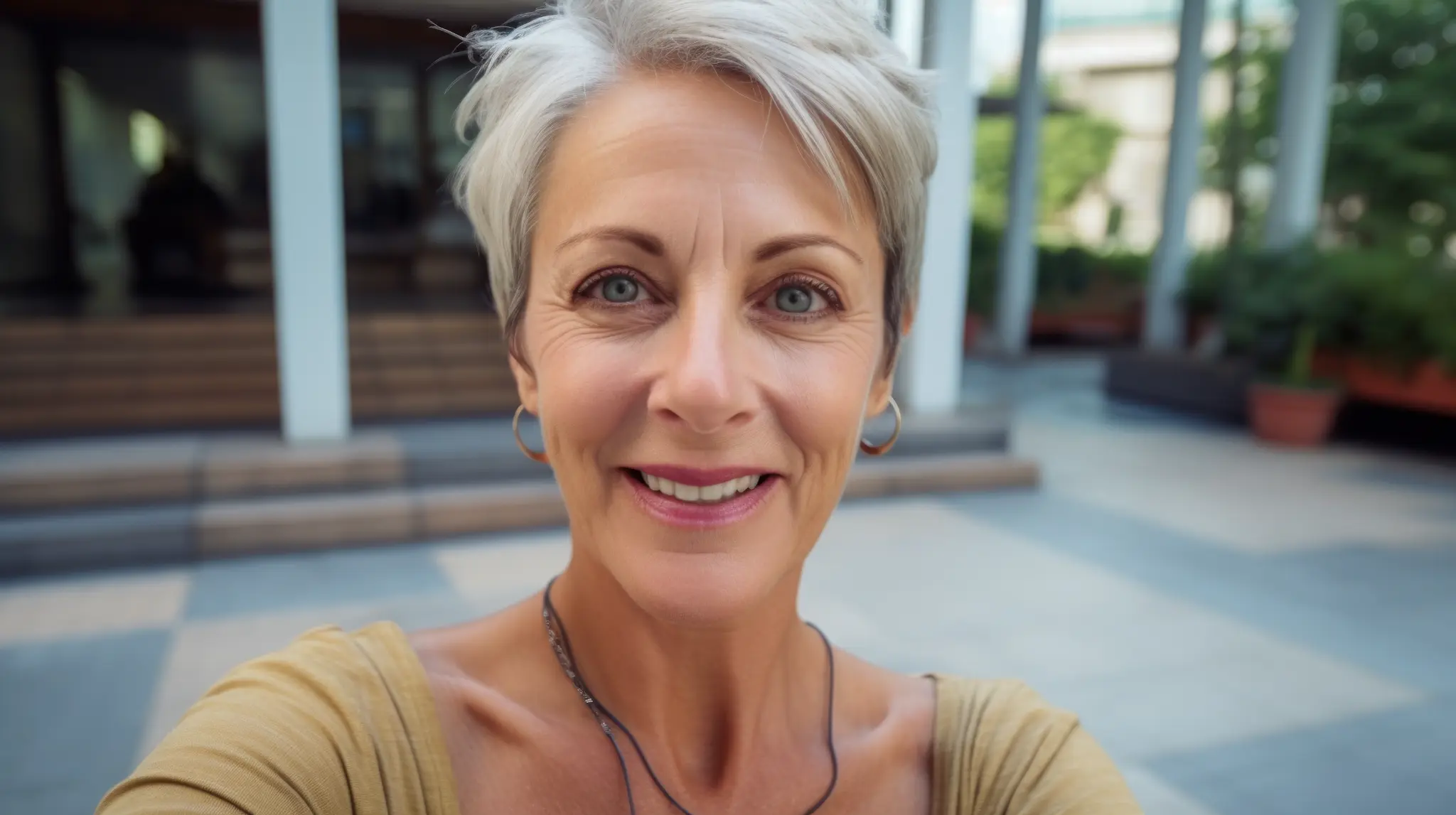 Mature woman with short silver hair smiling
